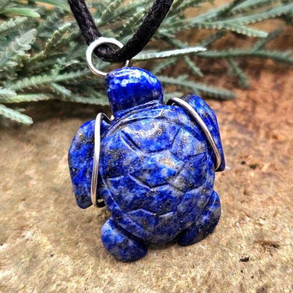Nature Lapis Lazuli Carved Cute Turtle Wire Wrapped Pendant Necklace